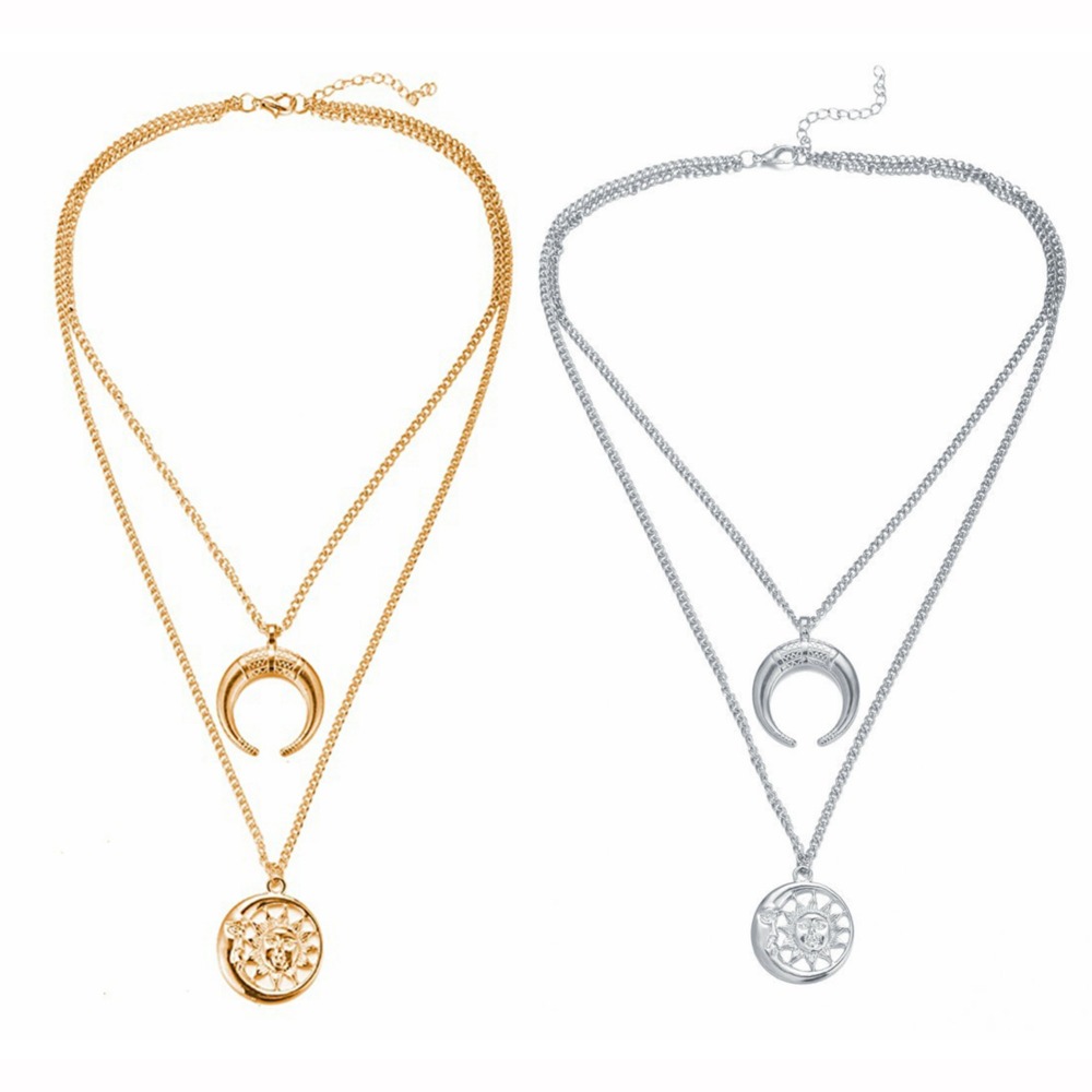 Multi-Layer Disc Horn Necklace Pendant Vintage Clavicle Chain Half Moon Sun Pendant Necklace Choker for Women Girls