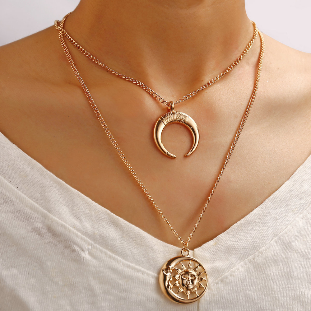 Multi-Layer Disc Horn Necklace Pendant Vintage Clavicle Chain Half Moon Sun Pendant Necklace Choker for Women Girls