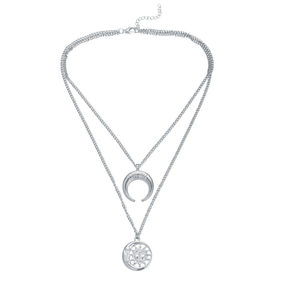 Multi-Layer Disc Horn Necklace Pendant Vintage Clavicle Chain Half Moon Sun Pendant Necklace Choker for Women Girls