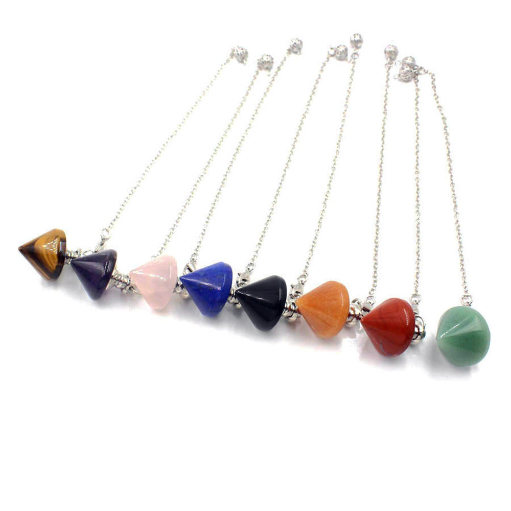 Natural Gemstone Healing Crystal Pendulum for Dowsing Divination Pointed Cone Reiki Chakra Quartz Stone Pendulum Pendant with Chain