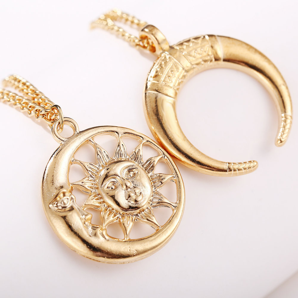 Multi-Layer Disc Horn Necklace Pendant Vintage Clavicle Chain Half Moon Sun Pendant Necklace Choker for Women Girls