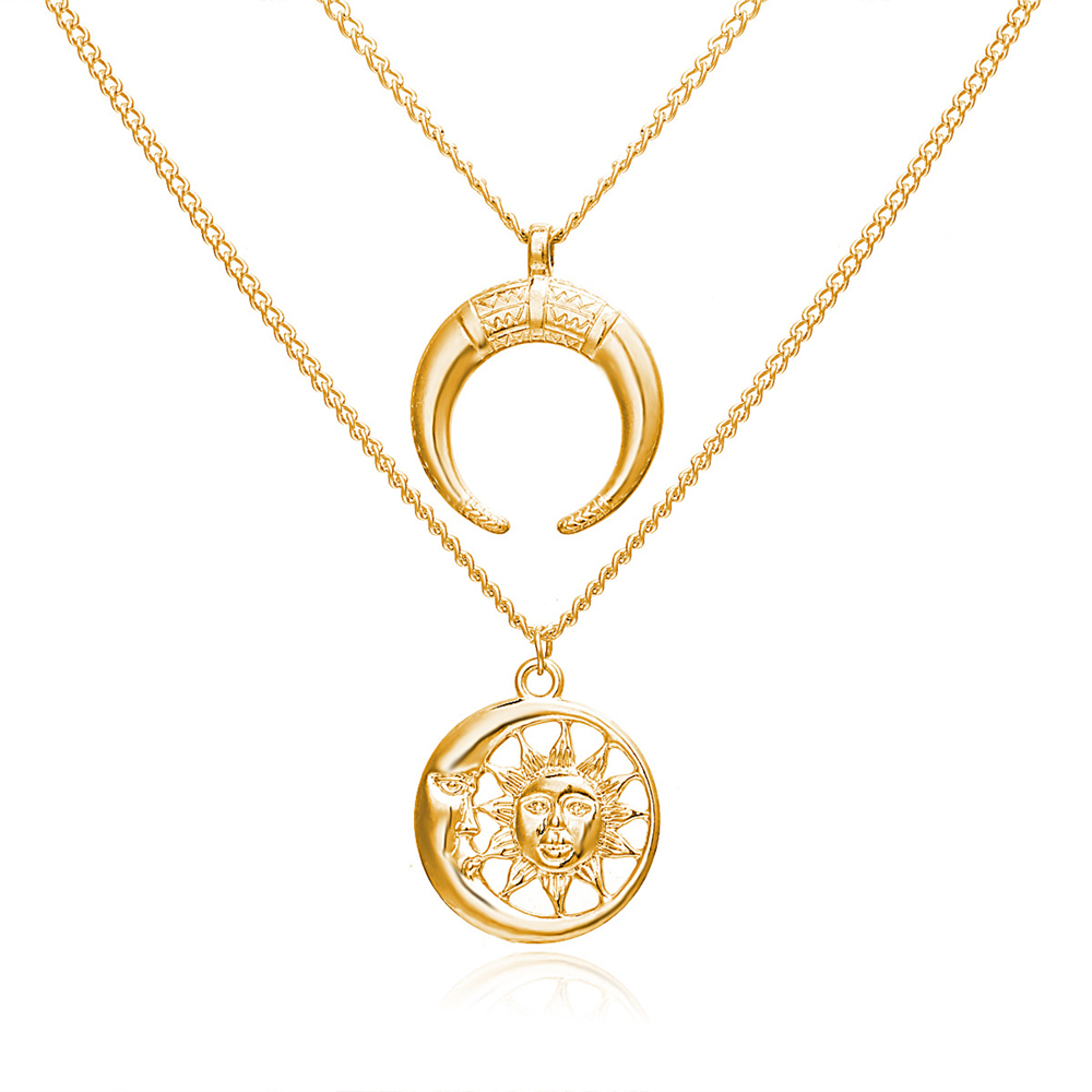 Multi-Layer Disc Horn Necklace Pendant Vintage Clavicle Chain Half Moon Sun Pendant Necklace Choker for Women Girls