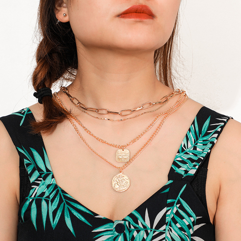 Layered Choker Necklace, Handmade 18K Gold Plated Coin Pendant Necklace Multilayer Disc Necklace Chunky Chain Adjustable Layering Choker Necklaces for
