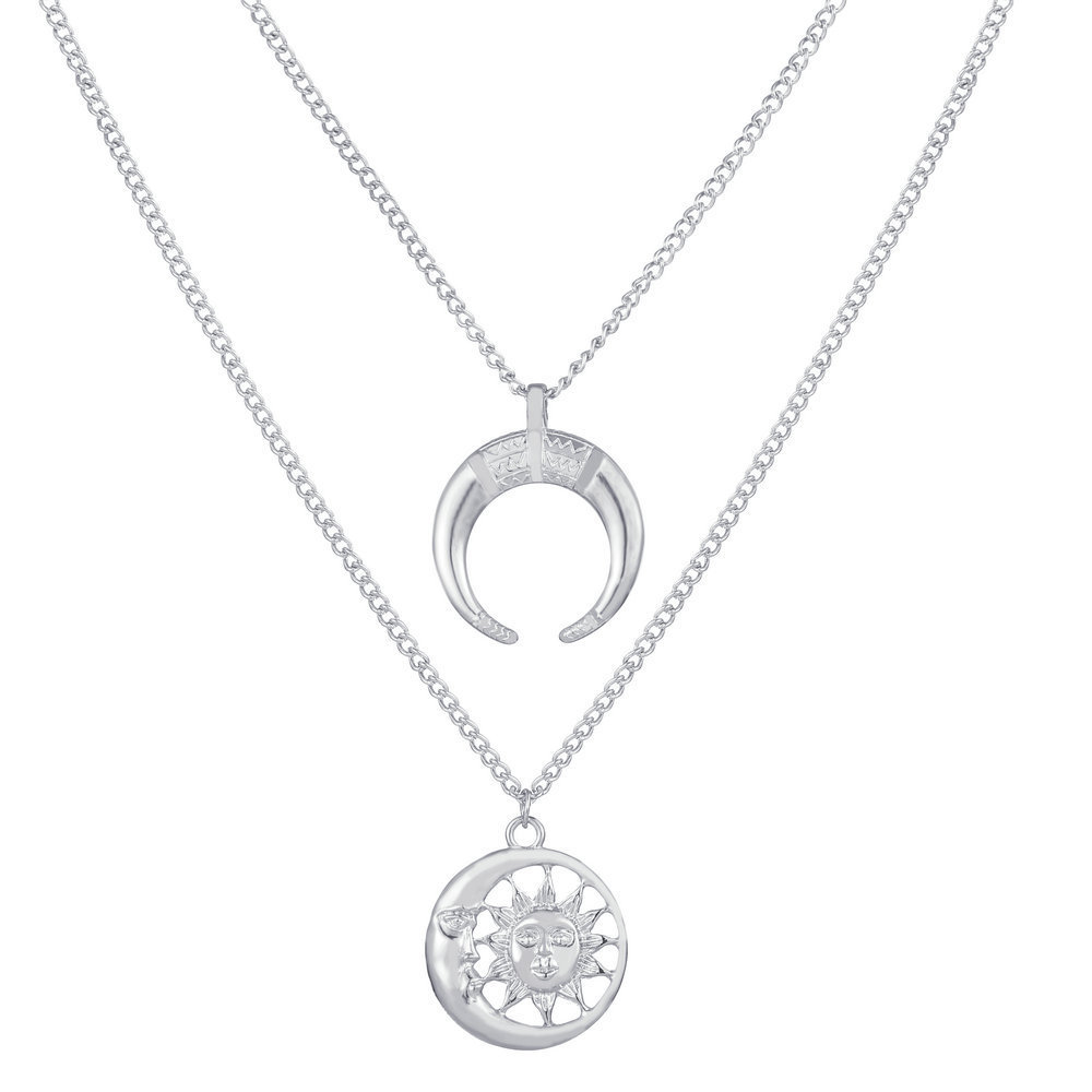 Multi-Layer Disc Horn Necklace Pendant Vintage Clavicle Chain Half Moon Sun Pendant Necklace Choker for Women Girls