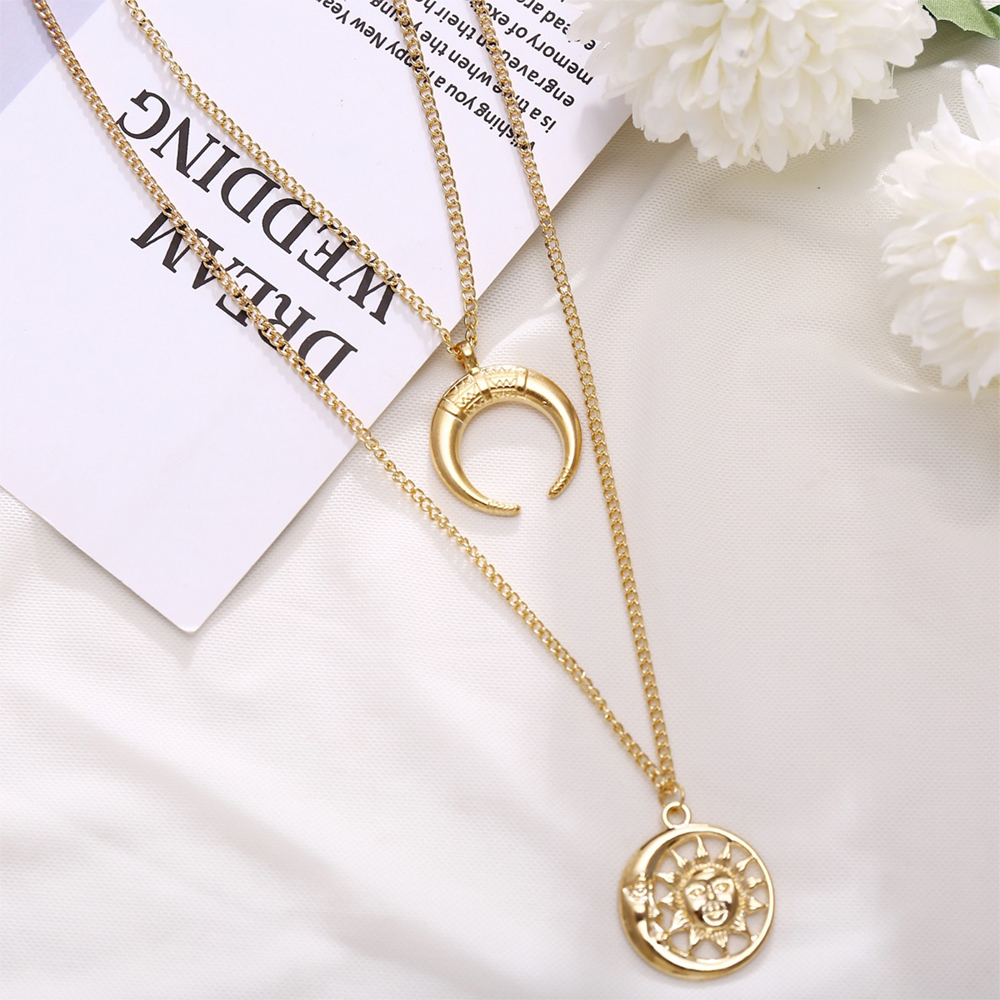 Multi-Layer Disc Horn Necklace Pendant Vintage Clavicle Chain Half Moon Sun Pendant Necklace Choker for Women Girls