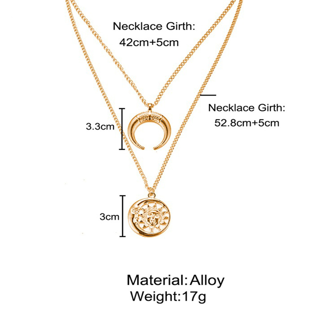 Multi-Layer Disc Horn Necklace Pendant Vintage Clavicle Chain Half Moon Sun Pendant Necklace Choker for Women Girls