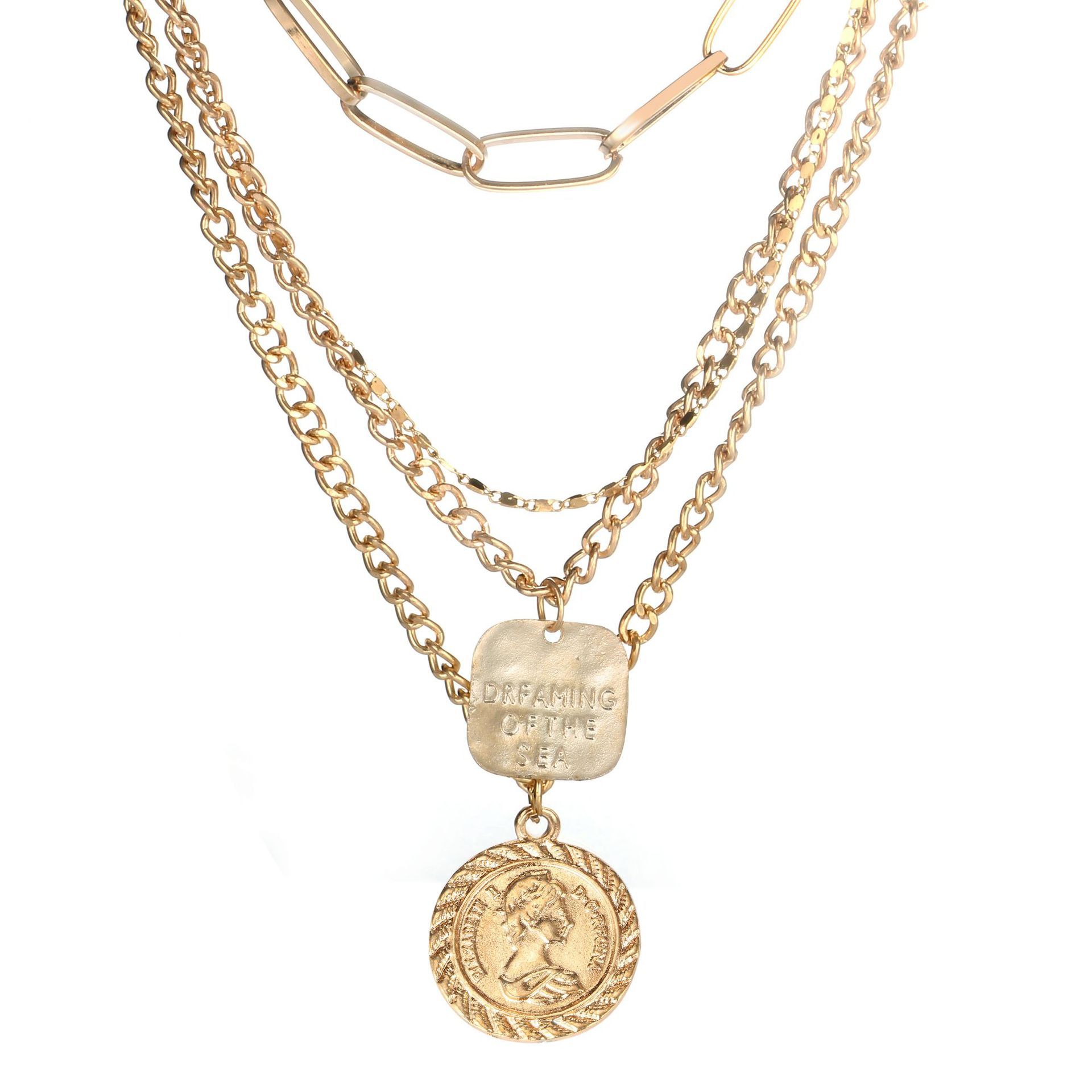 Layered Choker Necklace, Handmade 18K Gold Plated Coin Pendant Necklace Multilayer Disc Necklace Chunky Chain Adjustable Layering Choker Necklaces for