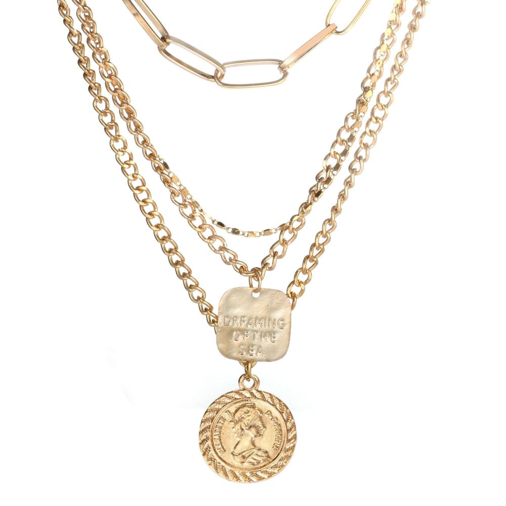 Layered Choker Necklace, Handmade 18K Gold Plated Coin Pendant Necklace Multilayer Disc Necklace Chunky Chain Adjustable Layering Choker Necklaces for