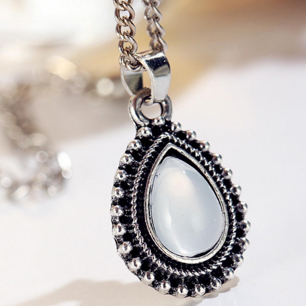 Water Drop Pendant Necklace Silver Teardrop Choker Necklaces Opal Tribal Necklace Chain Boho Jewelry for Women and Girls