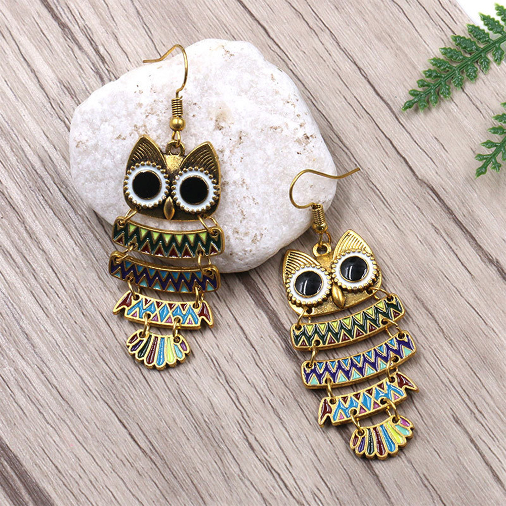 Fashion Vintage Big Black Eyes Owl Dangle Earrings, Multi-Layered Ear Wire Hook Drop Earrings Stud Earrings for Women Girls
