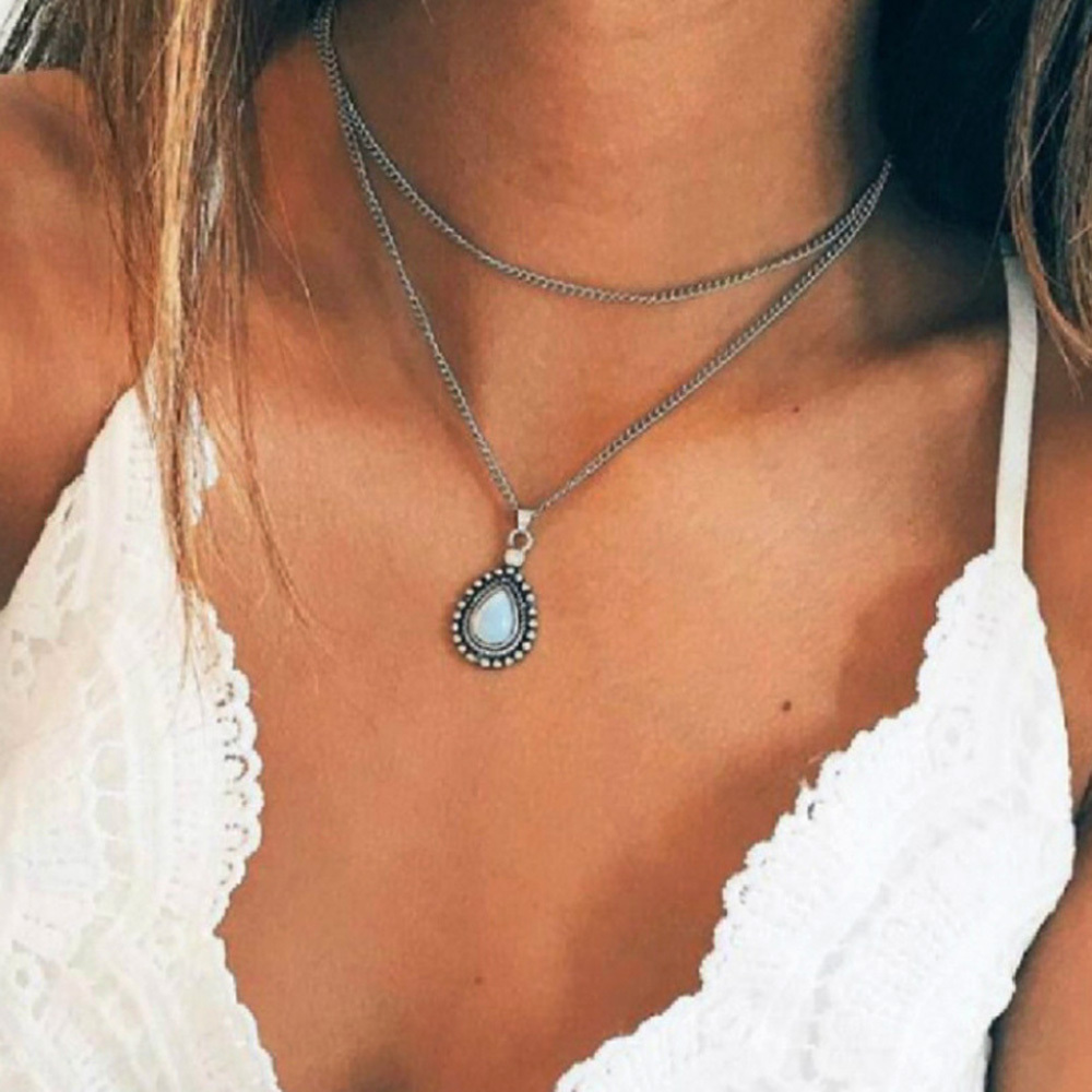 Water Drop Pendant Necklace Silver Teardrop Choker Necklaces Opal Tribal Necklace Chain Boho Jewelry for Women and Girls