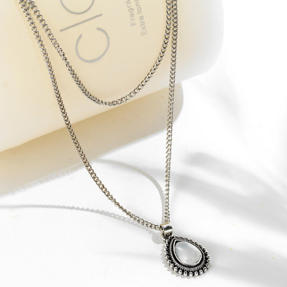Water Drop Pendant Necklace Silver Teardrop Choker Necklaces Opal Tribal Necklace Chain Boho Jewelry for Women and Girls