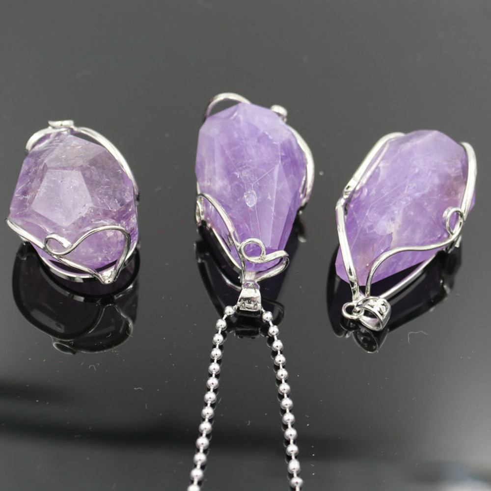 Wire Wrap Raw Amethyst Stone Pendant Necklace Natural Healing Chakra Crystals for Women