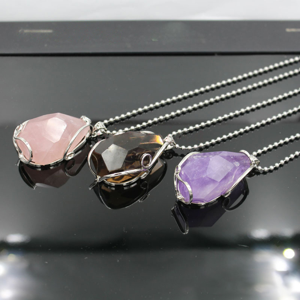 Wire Wrap Raw Amethyst Stone Pendant Necklace Natural Healing Chakra Crystals for Women