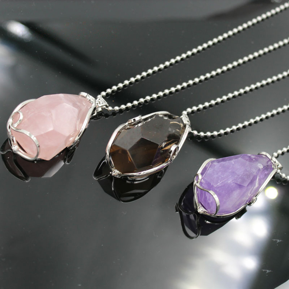 Wire Wrap Raw Amethyst Stone Pendant Necklace Natural Healing Chakra Crystals for Women