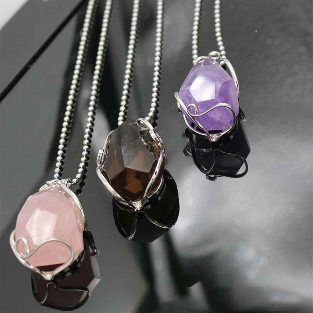 Wire Wrap Raw Amethyst Stone Pendant Necklace Natural Healing Chakra Crystals for Women