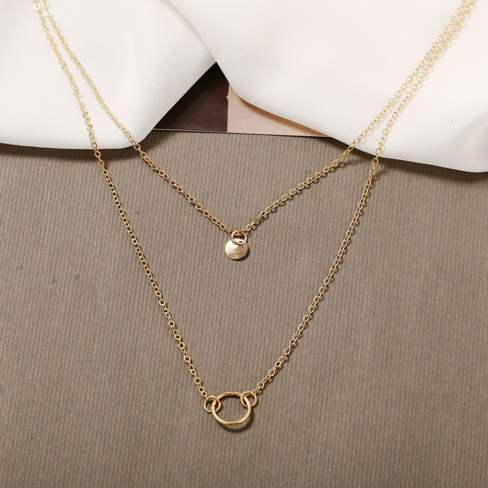 Layered Disc Circle Choker Necklace 14k Gold Plated Double Lip Satellite Beaded Chain Necklace for Women Girls