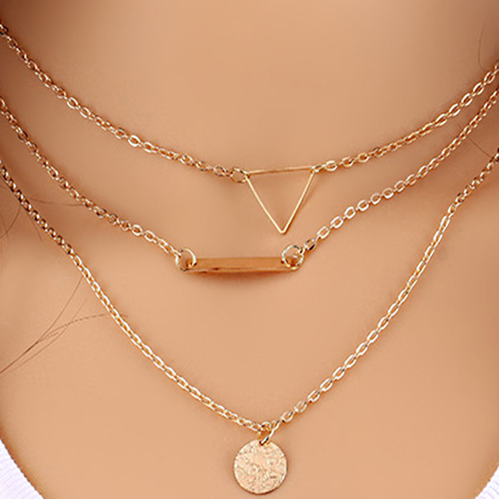Fashion Layered Gold Necklace Coin Symbol Chain Triangle Pendant Multilayered Short Necklaces Jewelry for Women and Girls