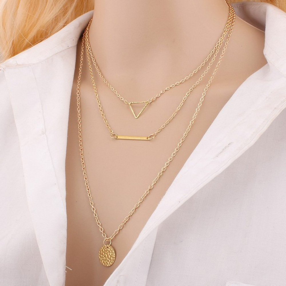 Fashion Layered Gold Necklace Coin Symbol Chain Triangle Pendant Multilayered Short Necklaces Jewelry for Women and Girls