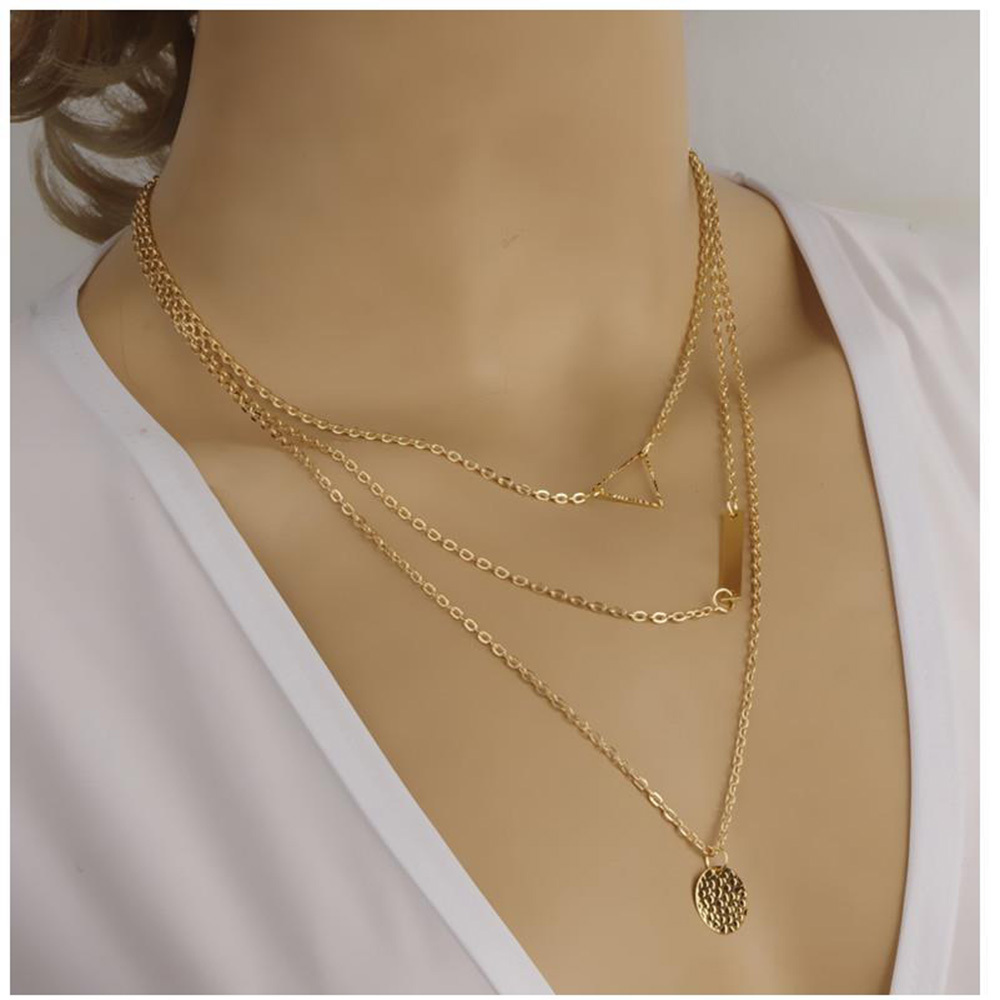 Fashion Layered Gold Necklace Coin Symbol Chain Triangle Pendant Multilayered Short Necklaces Jewelry for Women and Girls