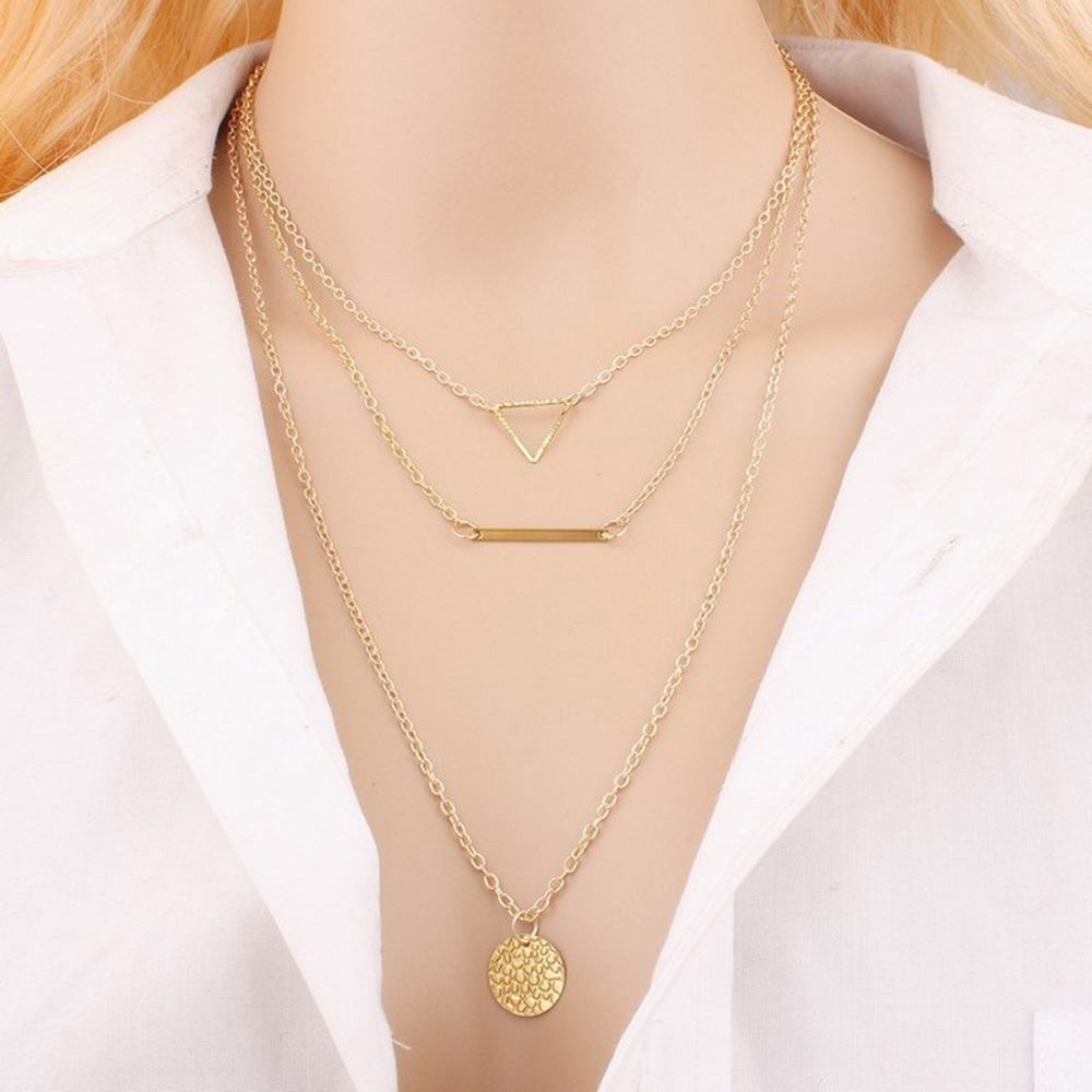 Fashion Layered Gold Necklace Coin Symbol Chain Triangle Pendant Multilayered Short Necklaces Jewelry for Women and Girls