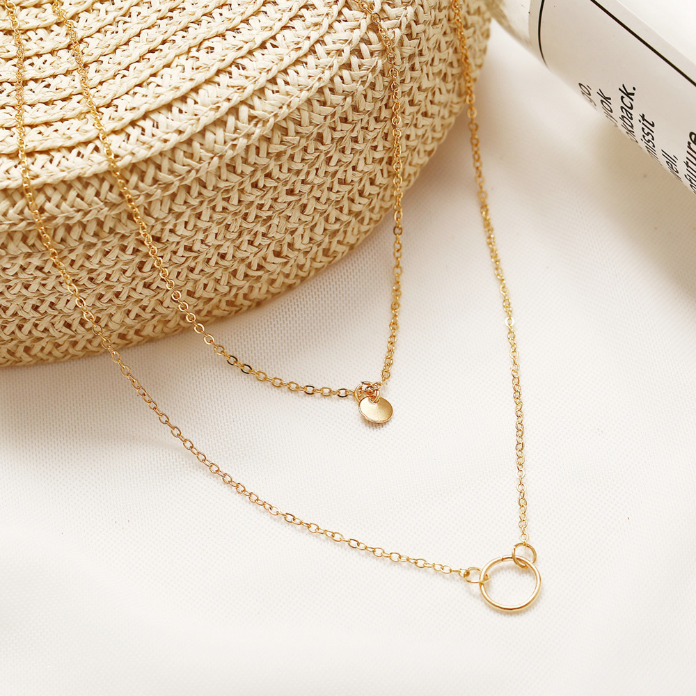 Layered Disc Circle Choker Necklace 14k Gold Plated Double Lip Satellite Beaded Chain Necklace for Women Girls
