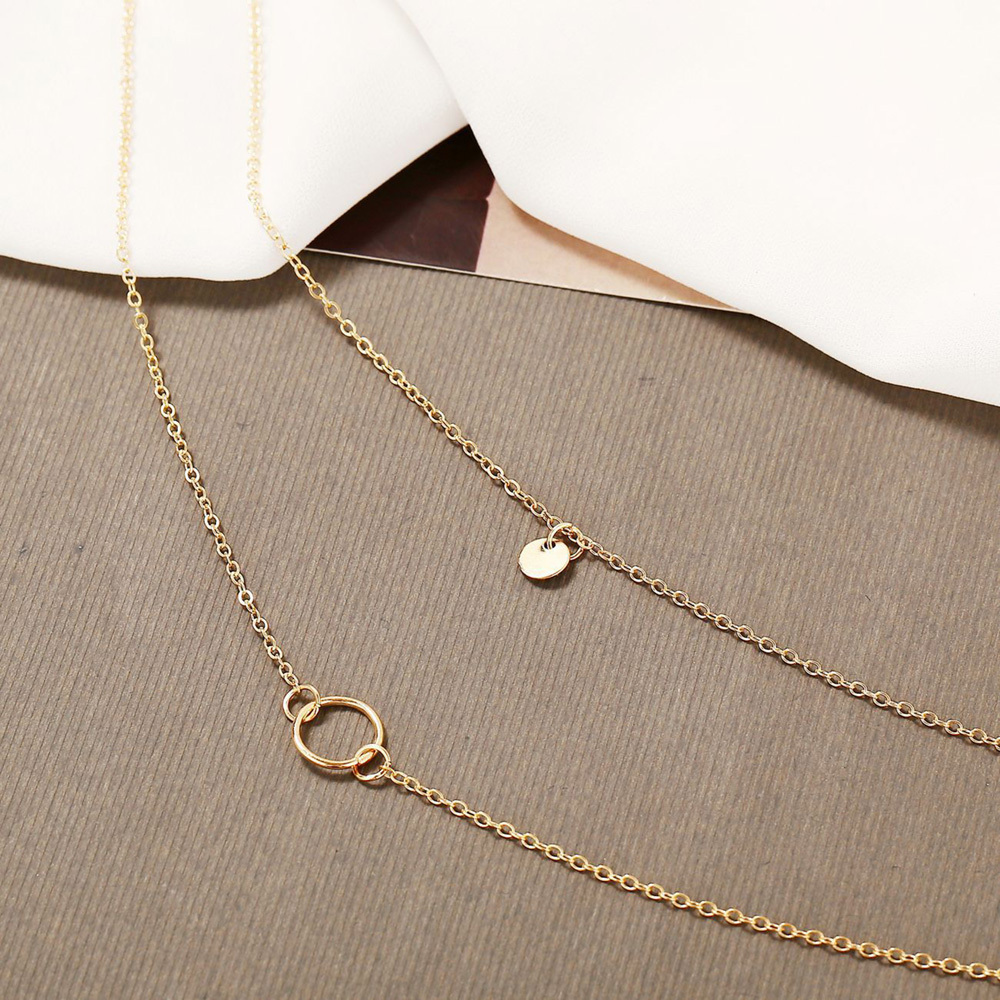 Layered Disc Circle Choker Necklace 14k Gold Plated Double Lip Satellite Beaded Chain Necklace for Women Girls
