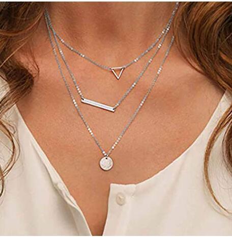 Fashion Layered Gold Necklace Coin Symbol Chain Triangle Pendant Multilayered Short Necklaces Jewelry for Women and Girls