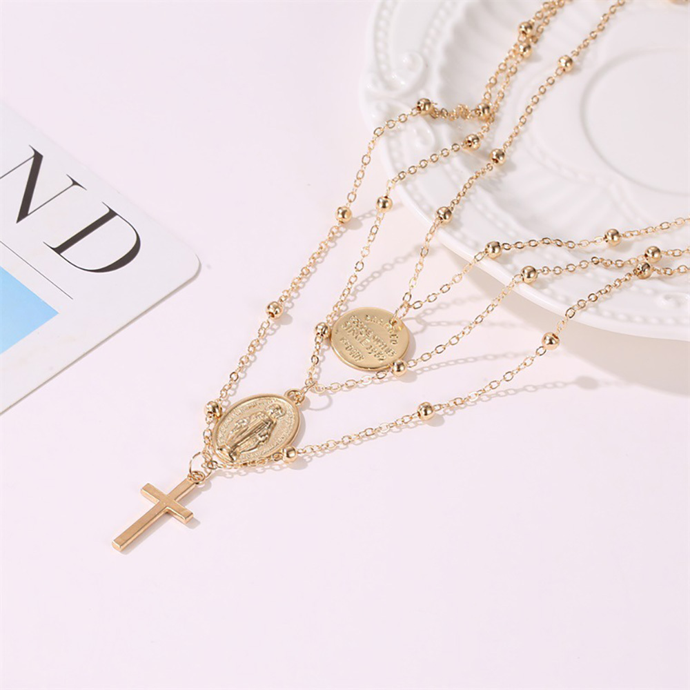 Vintage 3 Layer Cross Jesus Christ Necklace Copper Bead Necklace Women's Bohemia Jewelry