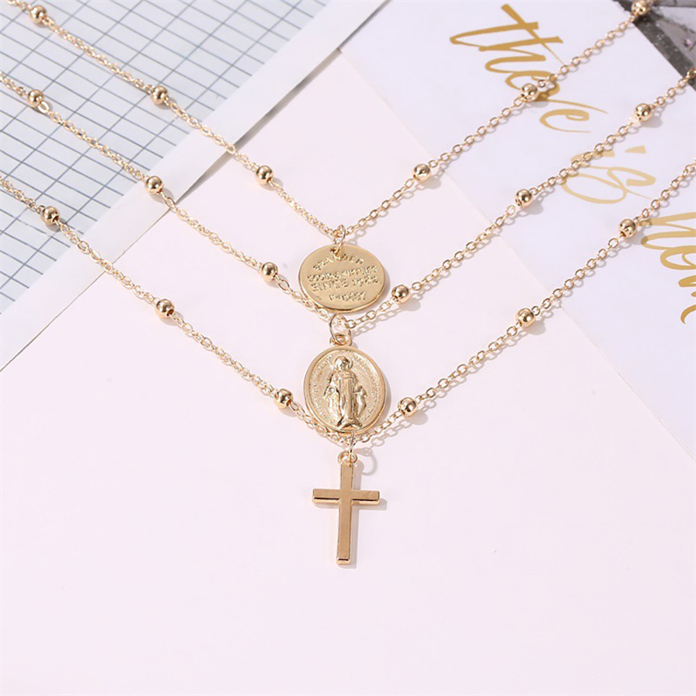 Vintage 3 Layer Cross Jesus Christ Necklace Copper Bead Necklace Women's Bohemia Jewelry