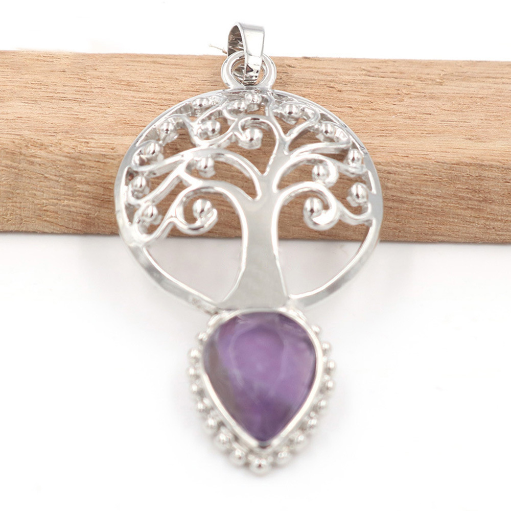 Life Tree Teardrop Crystal Pendants Necklaces Natural Energy Healing Stone Pendant Necklaces Chakra Charm Necklace for Women