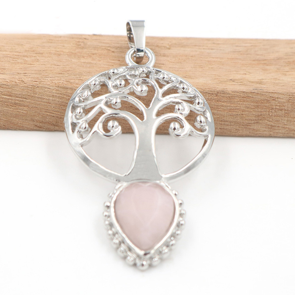 Life Tree Teardrop Crystal Pendants Necklaces Natural Energy Healing Stone Pendant Necklaces Chakra Charm Necklace for Women