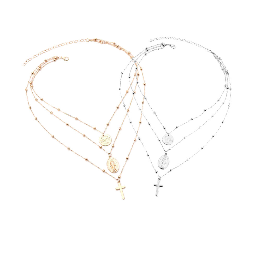 Vintage 3 Layer Cross Jesus Christ Necklace Copper Bead Necklace Women's Bohemia Jewelry