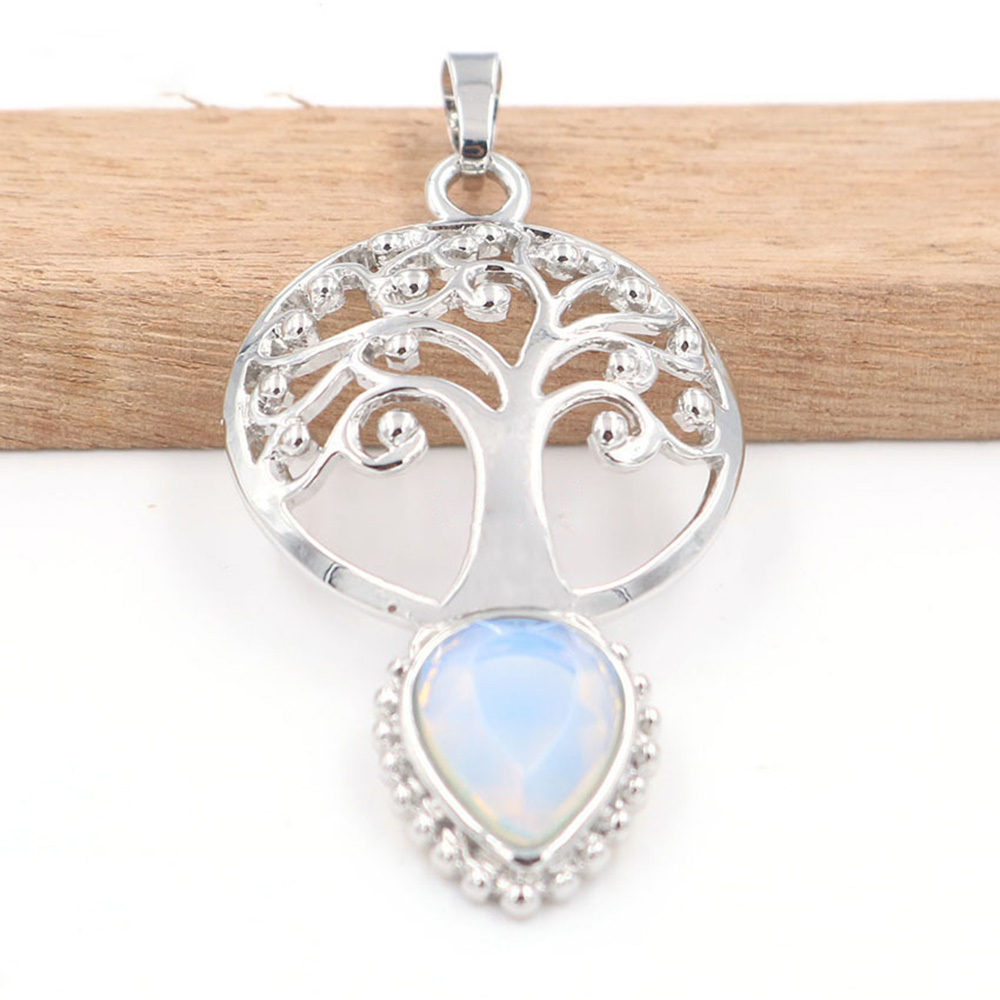 Life Tree Teardrop Crystal Pendants Necklaces Natural Energy Healing Stone Pendant Necklaces Chakra Charm Necklace for Women