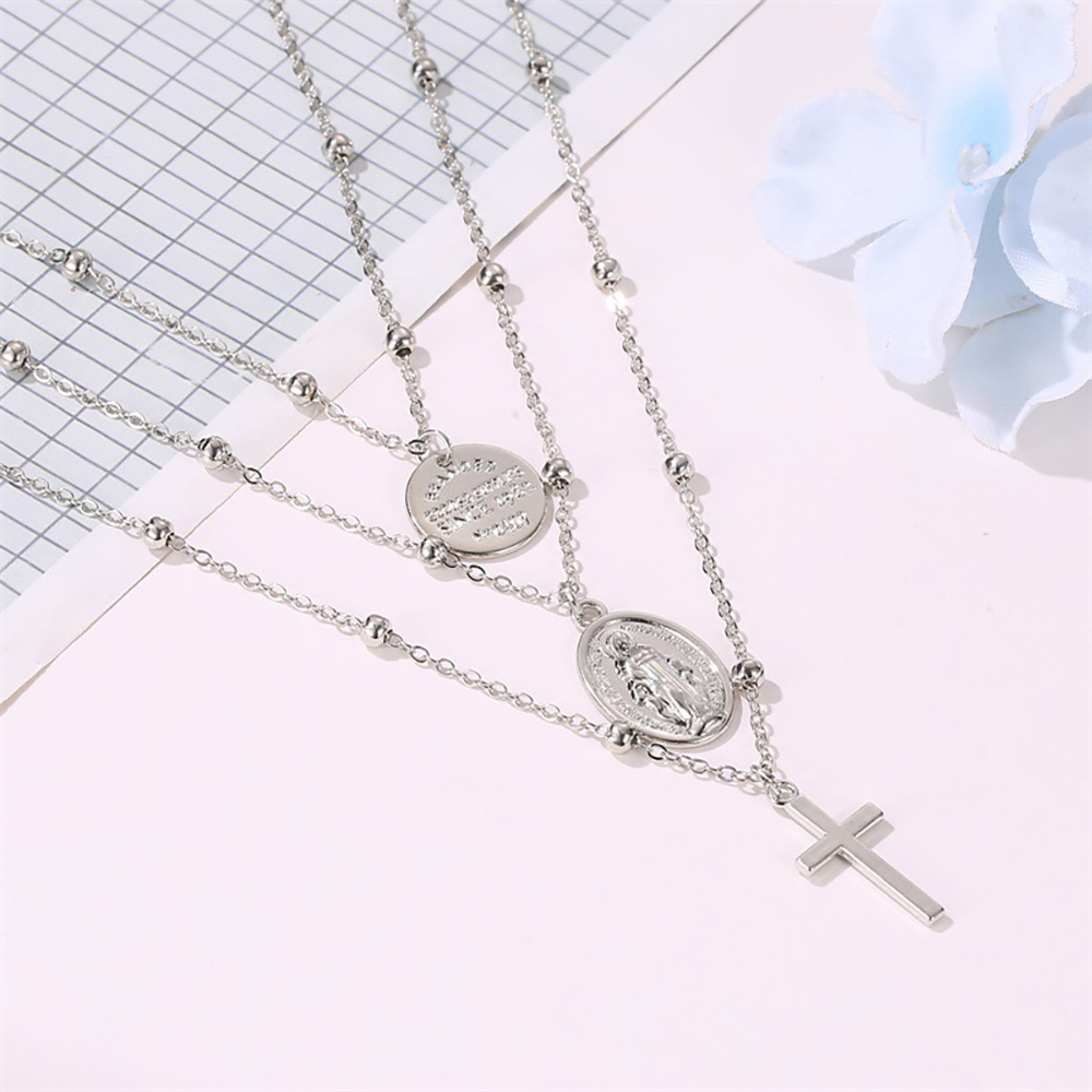 Vintage 3 Layer Cross Jesus Christ Necklace Copper Bead Necklace Women's Bohemia Jewelry