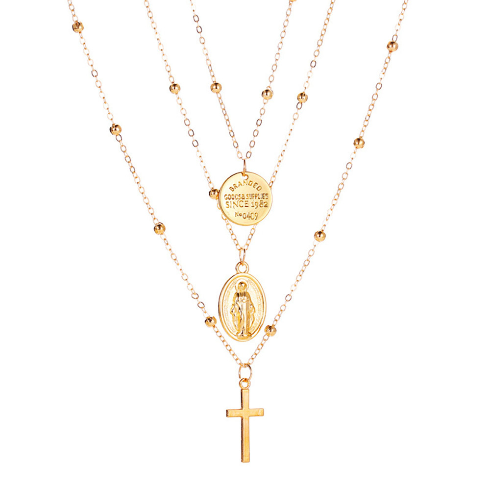 Vintage 3 Layer Cross Jesus Christ Necklace Copper Bead Necklace Women's Bohemia Jewelry