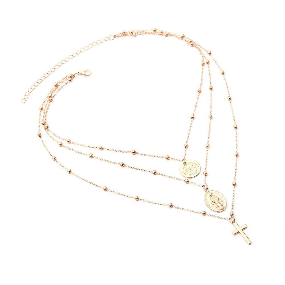 Vintage 3 Layer Cross Jesus Christ Necklace Copper Bead Necklace Women's Bohemia Jewelry