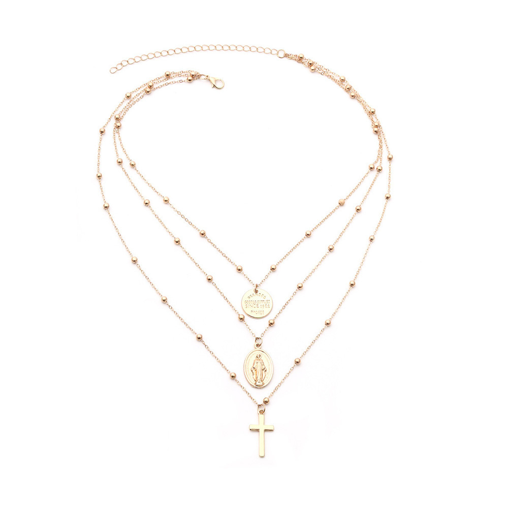 Vintage 3 Layer Cross Jesus Christ Necklace Copper Bead Necklace Women's Bohemia Jewelry