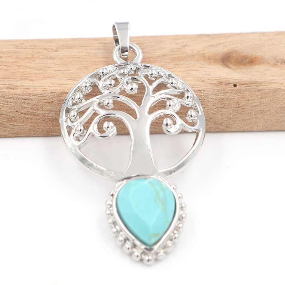 Life Tree Teardrop Crystal Pendants Necklaces Natural Energy Healing Stone Pendant Necklaces Chakra Charm Necklace for Women