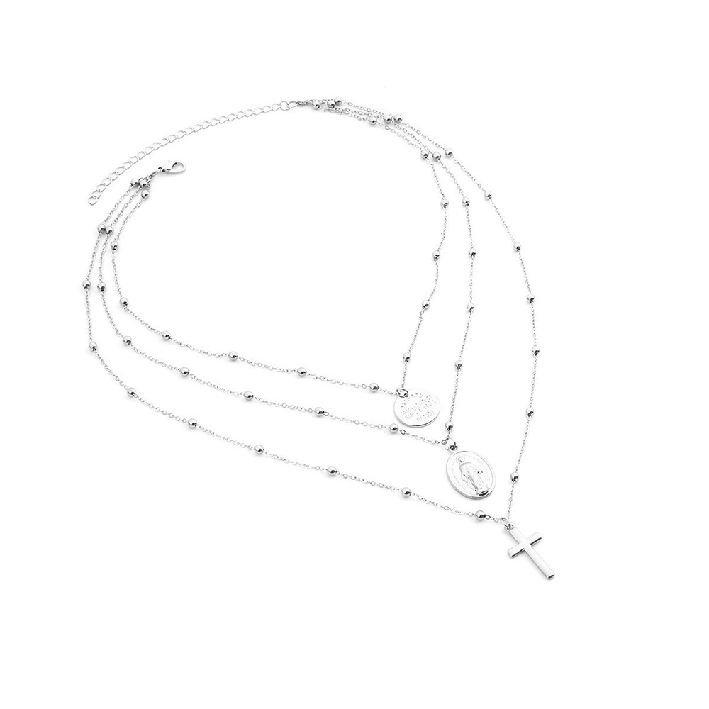 Vintage 3 Layer Cross Jesus Christ Necklace Copper Bead Necklace Women's Bohemia Jewelry