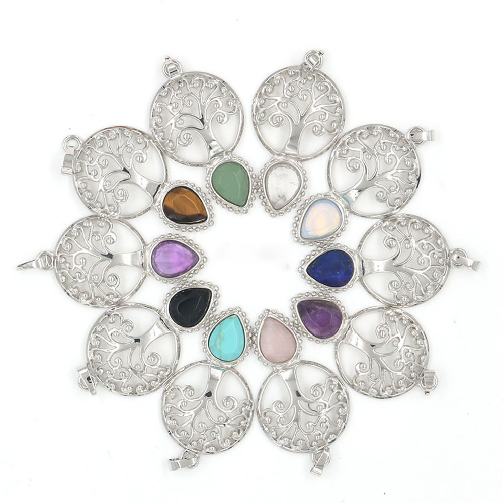 Life Tree Teardrop Crystal Pendants Necklaces Natural Energy Healing Stone Pendant Necklaces Chakra Charm Necklace for Women
