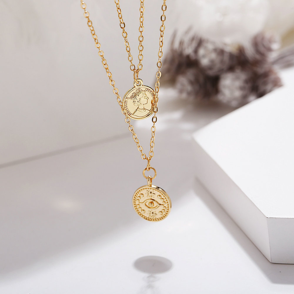 Fashion Layer Necklace Coin Double Head Pendant Necklace Glamour Necklace Jewelry for Women and Girls