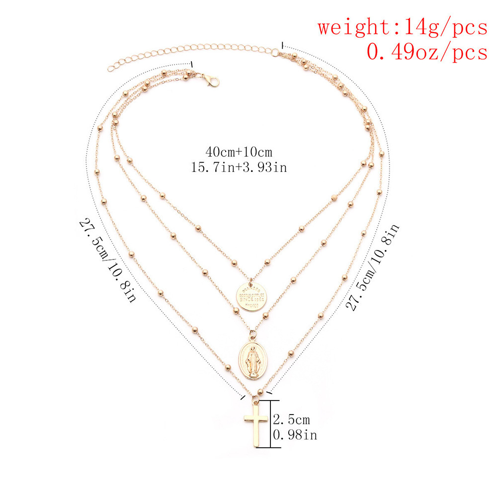 Vintage 3 Layer Cross Jesus Christ Necklace Copper Bead Necklace Women's Bohemia Jewelry