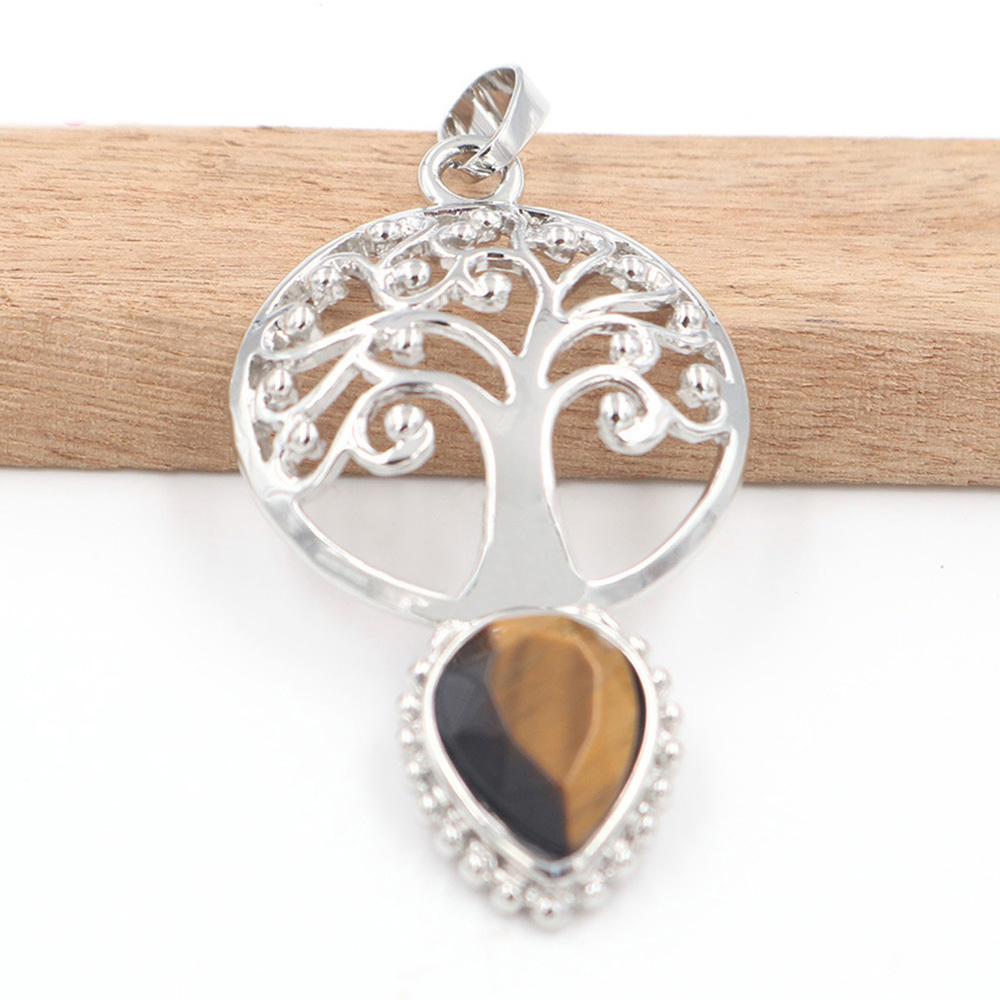 Life Tree Teardrop Crystal Pendants Necklaces Natural Energy Healing Stone Pendant Necklaces Chakra Charm Necklace for Women