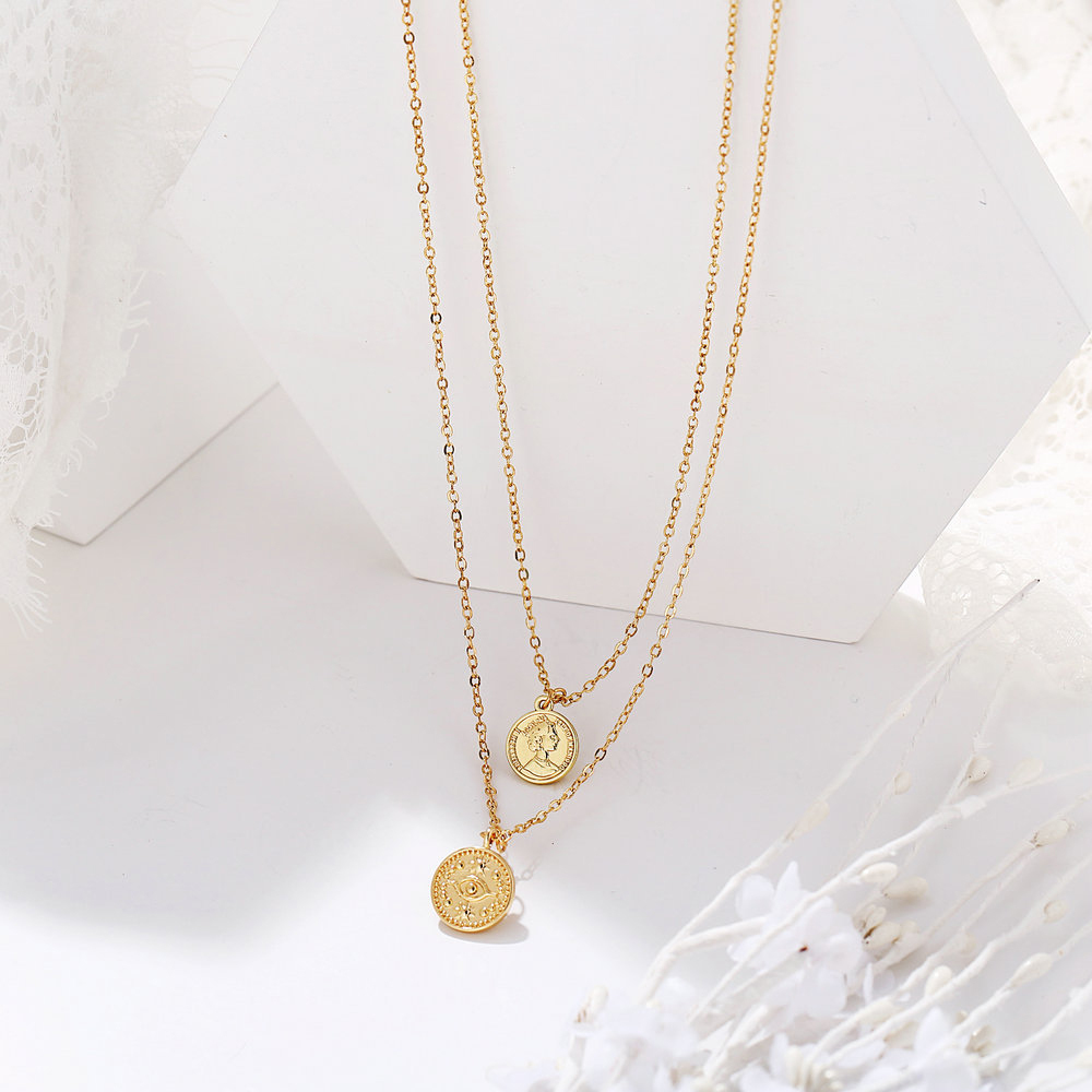 Fashion Layer Necklace Coin Double Head Pendant Necklace Glamour Necklace Jewelry for Women and Girls