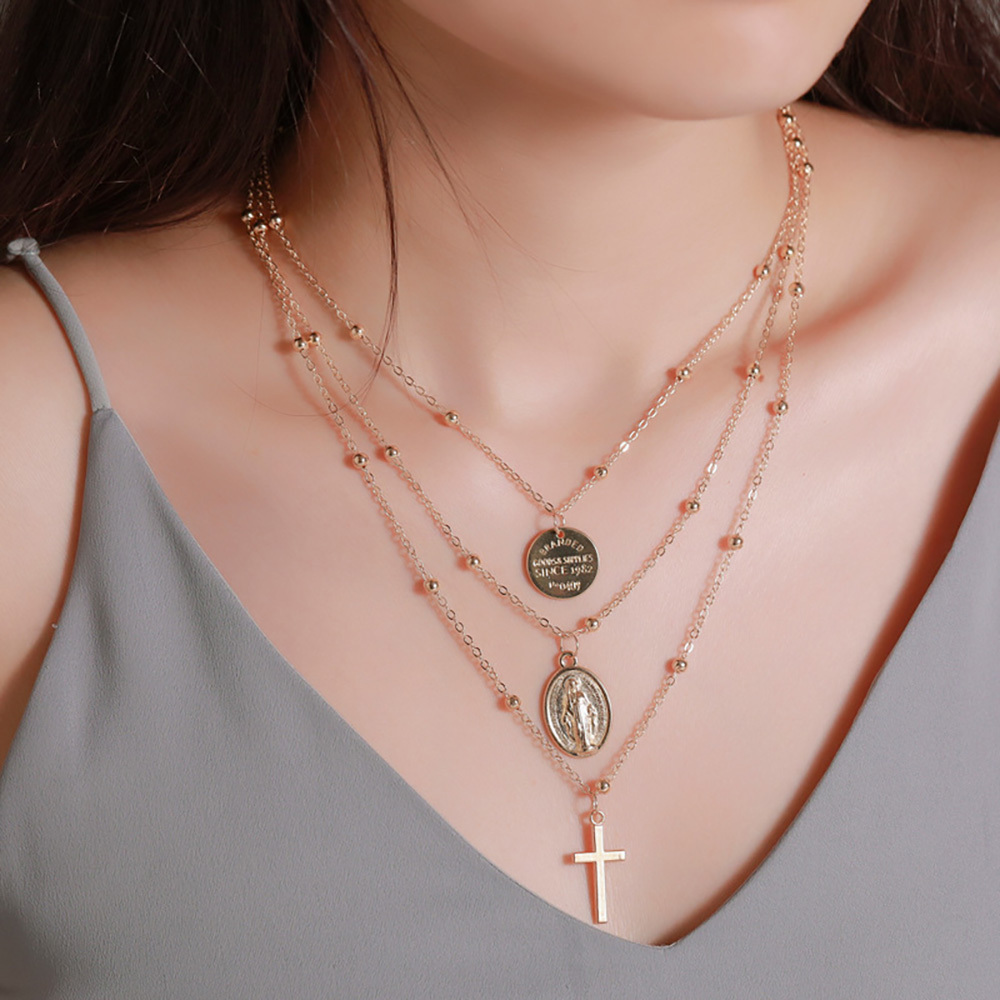 Vintage 3 Layer Cross Jesus Christ Necklace Copper Bead Necklace Women's Bohemia Jewelry