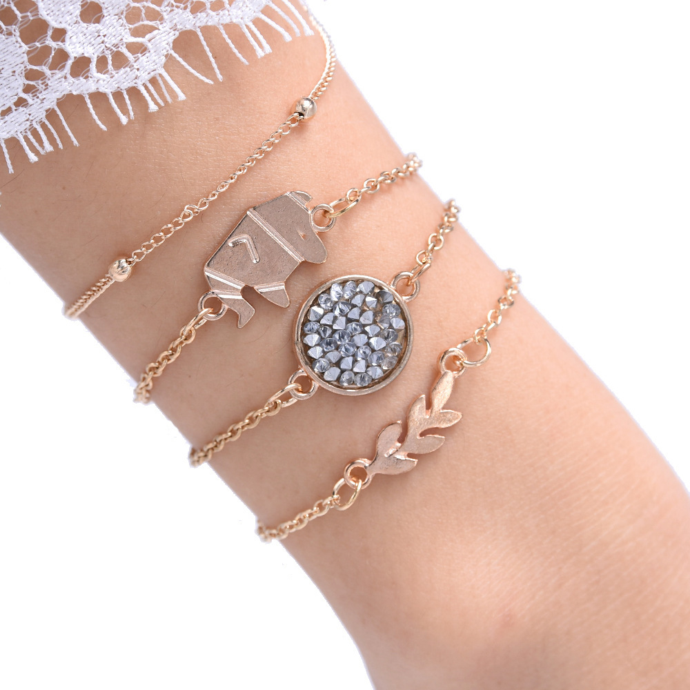 Elephant Bracelets with Diamond Inlay Alloy Leaves, Metal Bead Chain, Adjustable Charm for Women and Girls Extensioned Chains, Set of 4 pieces/batch