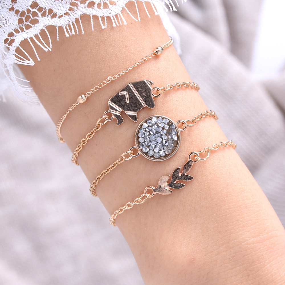 Elephant Bracelets with Diamond Inlay Alloy Leaves, Metal Bead Chain, Adjustable Charm for Women and Girls Extensioned Chains, Set of 4 pieces/batch