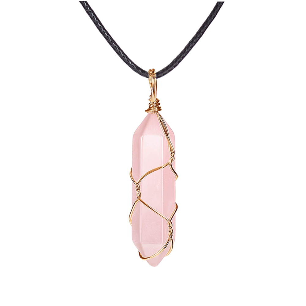 Hexagonal Crystal Pointed Quartz Pendants Natural Healing Crystal Necklaces Reiki Chakra Charm Pendant Necklace with Tree Wire Wrapped Gemstone Pendan
