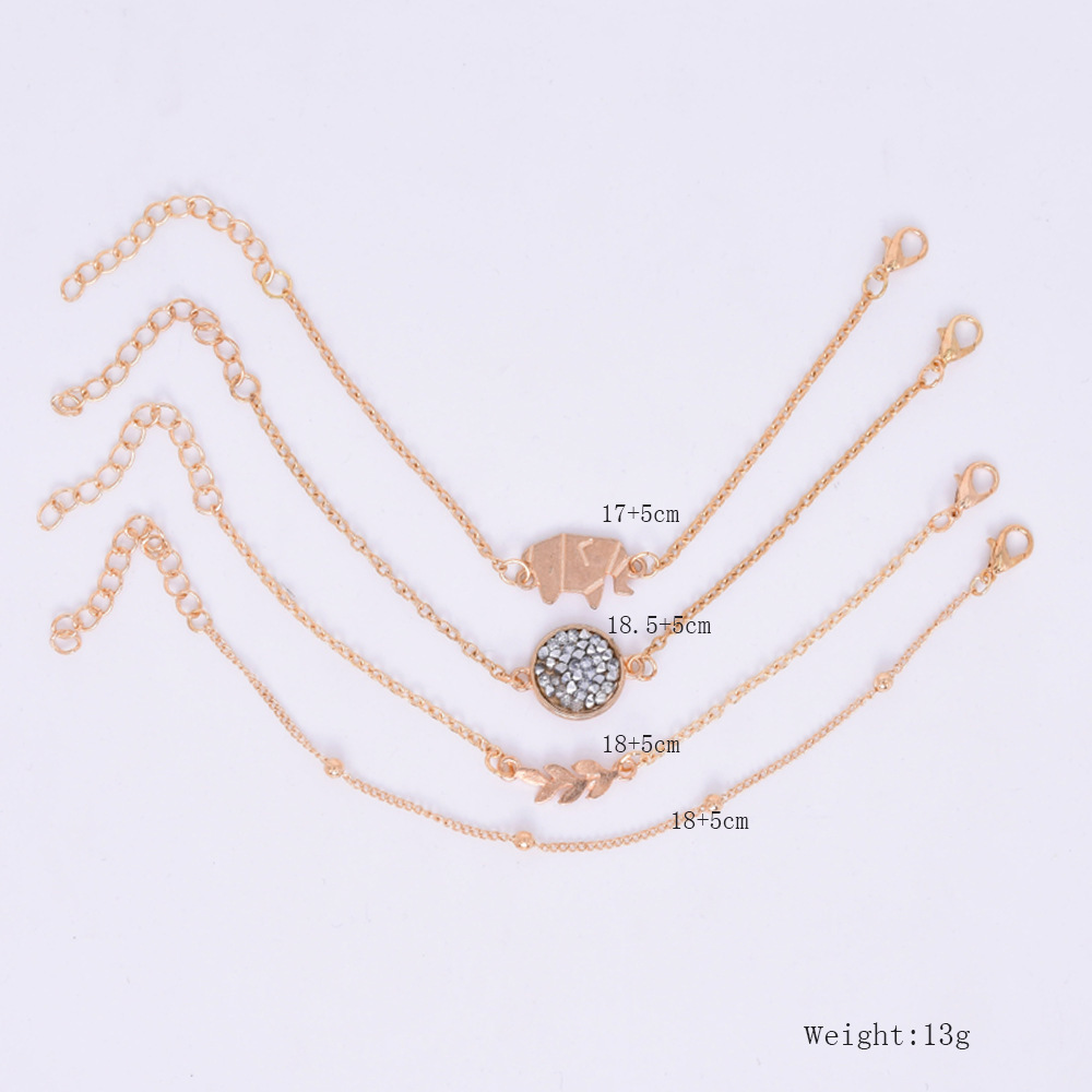 Elephant Bracelets with Diamond Inlay Alloy Leaves, Metal Bead Chain, Adjustable Charm for Women and Girls Extensioned Chains, Set of 4 pieces/batch